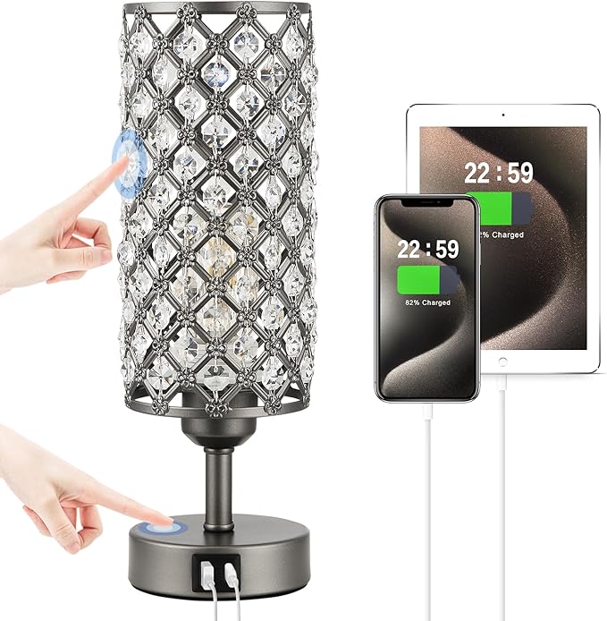 Hong-in Gray Crystal Table Lamp - 3-Way Dimmable Touch Control, Bedside Lamp with USB C and A Ports, Nightstand Light for Living Room, Bedroom, Home Office (Bulb Included)