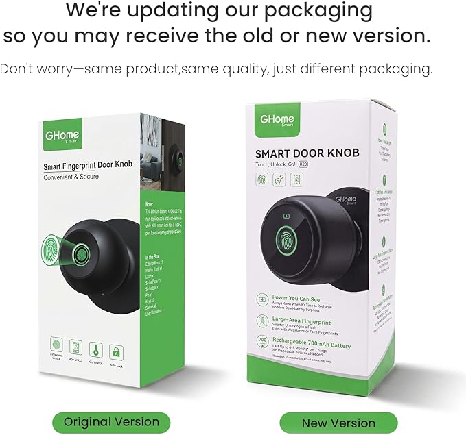 GHome Smart Fingerprint Door Lock, 3 in 1 Smart Fingerprint Door Knob with App Control & Key, Auto Lock, Biometric Thumbprint Door Locks for Bedroom, Garage, Home & Office