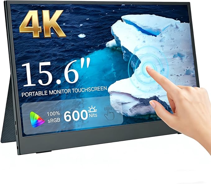 4K Touchscreen Portable Monitor 15.6", 3840×2160 UHD IPS, 100% sRGB HDR, USB-C & HDMI, Built-in Speaker for Laptop, PS5, PS4, Xbox, Switch