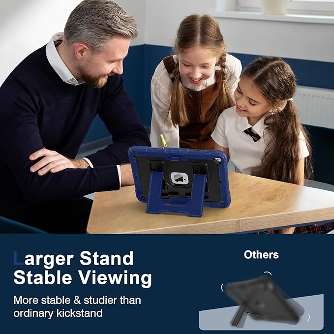Kids Friendly Case for Apple iPad 10.2" 9th 8th 7th Generation 2021/2020/2019 Case with Pencil Holder & Shoulder Strap, Military Grade Shockproof Kickstand Hard Shell Protective Cover,Blue+Black