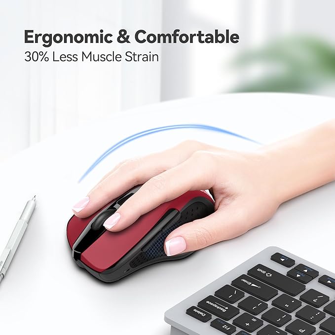 TECKNET Wireless Mouse, 2.4G Ergonomic Optical Mouse, Computer Mouse for Laptop, PC, Computer, Chromebook, Notebook, 6 Buttons, 24 Months Battery Life, 2600 DPI, 5 Adjustment Levels - Red
