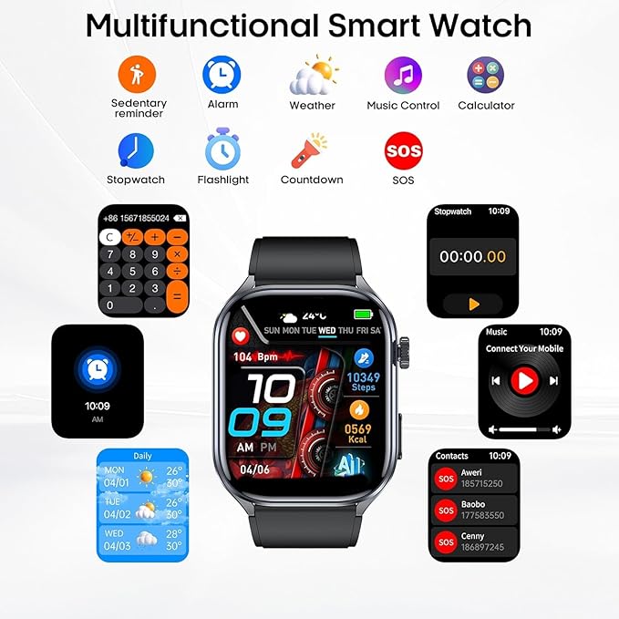 Advanced Health Smartwatch for Women Men with Real-Time Monitoring of Heart Rate, Sleep Quality and Stress Levels, Always-On Display，Bright Flashlight (Black)