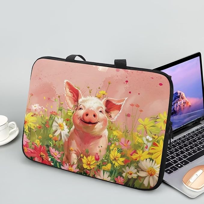 Pink Pig Floral 17 Inch Laptop Sleeve, Cute Computer Bag Tablet Carrying Case Laptop Cover Tote Bags Notebook Sleeves Handbag Messenger Briefcase for Travel/Work/School