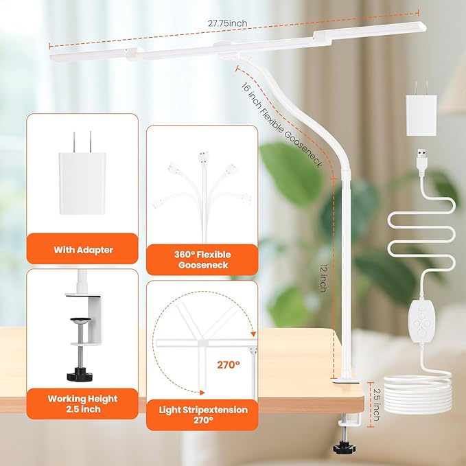 LiFMIRA LED Desk Lamp for Office Home, Adjustable 3 Head Computer Monitor Light with Clamp, Eye Caring Clip on Desk Light Stepless Dimming Architect Desk Lamp for Reading Study Workbench White