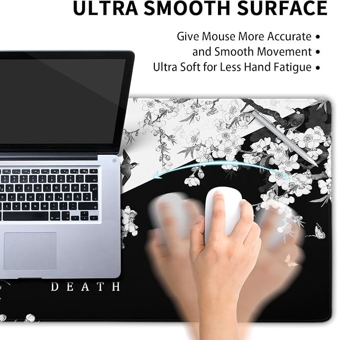 XXL Large Gaming Mouse Pad,Japanese Sakura Death Life Extended Desk Pad Non-Slip Rubber Base 35.4x15.7in with Stitched Edges Waterproof Full Desk Pads Computer Gaming Mousepads for Work/Game/Office