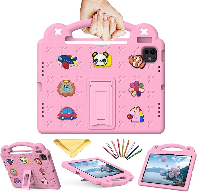 for iPad Air 11 inch Kids Case M3/M2 (2025/2024) & iPad Pro 11 Inch M4 Case 2024 with Pencil Holder/Handle/Kickstand/Cute DIY Soft EVA Shockproof Stand Lightweight Tablet Cover, Pink Bear