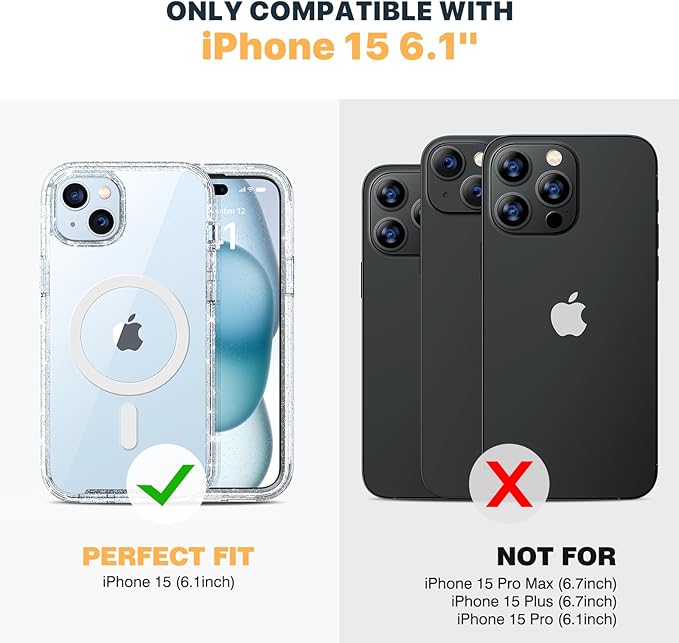 Diaclara Magnetic Designed for iPhone 15 Case, Compatible with MagSafe Built-in Touch Sensitive Anti-Scratch Screen Protector, with Camera Lens Protector for iPhone 15 6.1" (Full Clear Glitter)