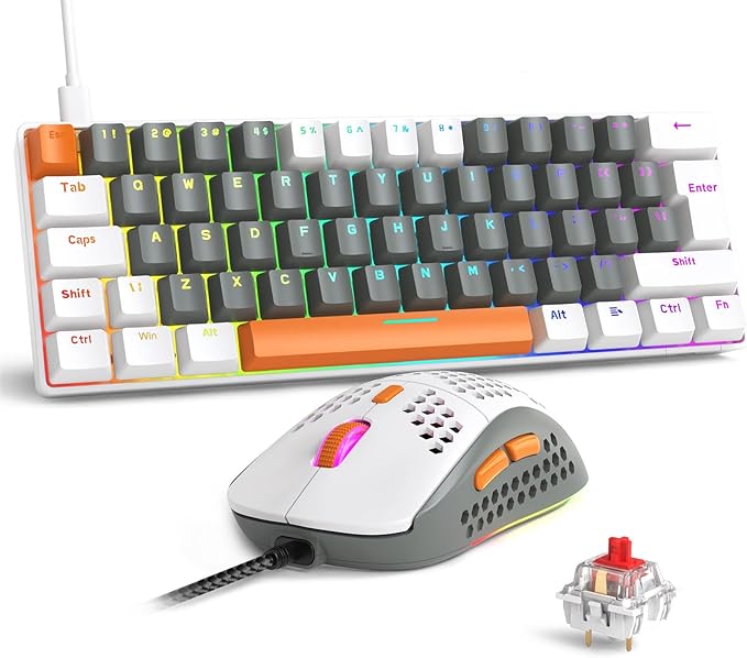 RK-T60 Wired 60% TKL Mechanical Gaming Keyboard Led Rainbow Backlight Ultra-Compact NKRO Linear Red Switch ABS Keycap RGB Honeycomb Mice Coiled Aviator Cable for Windows Laptop PS4/PC/WIN Gamer