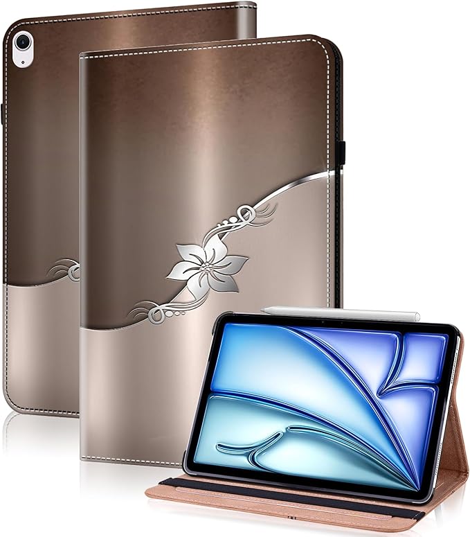 Compatible with iPad Air 11 Inch Case 8th/7th/6th Generation (M4/M3/M2) 2026/2025/2024, for iPad Air 5th/4th Generation Case 10.9 Inch 2022/2020 with Pencil Holder & Card Slots - Silver Flower