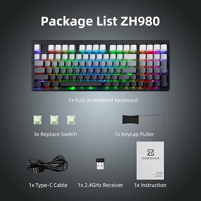 ZORNHER ZH980 Silent Mechanical Keyboard,95% Black & White Silent Gaming Keyboard with Number Pad,Lighted Up PBT Keycaps,Keyboard Quiet Silent Switches,Hot-Swappable,RGB Backlit