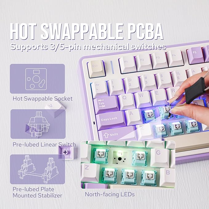 EPOMAKER x Aula F75 Gasket Mechanical Keyboard, 75% Wireless Hot Swappable Gaming Keyboard with Five-Layer Padding&Knob, BT/2.4GHz/USB-C, RGB (Purple, LEOBOG Reaper Switch)