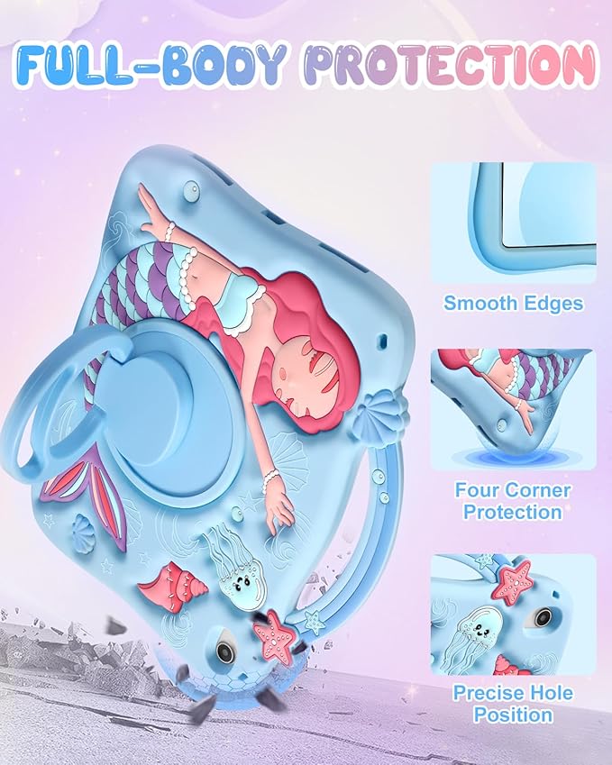 Boaretiu for iPad 10th Generation Case - Girls Teens Cute Cartoon Blue Mermaids 10.9 Inch 2022 Tablet Cover with Strap & Rotating Stand Soft 3D Silicone Funda for iPad 11th 11 Inch 2025