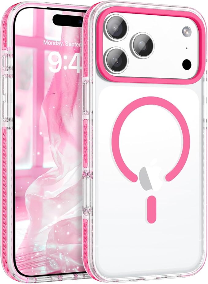 BENTOBEN Magnetic for iPhone 17 Pro Max 6.9" Case, Compatible with Magsafe Military Shockproof Protective Bumper Cute Transparent Slim Anti-Yellowing Case for iPhone 17 Pro Max Cover, Clear Hot Pink