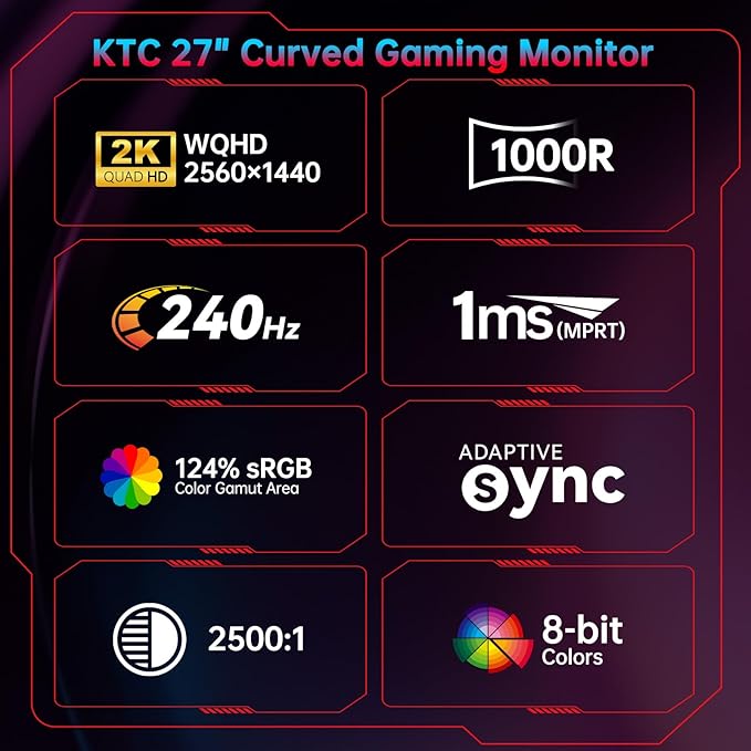 KTC 27 Inch 240Hz Curved Gaming Monitor, 2K QHD 2560x1440P Computer Monitor with 1000R, 2500:1 Contrast, Adaptive Sync, DP 1.4, HDMI 2.0, VESA, Tiltable, H27S25E