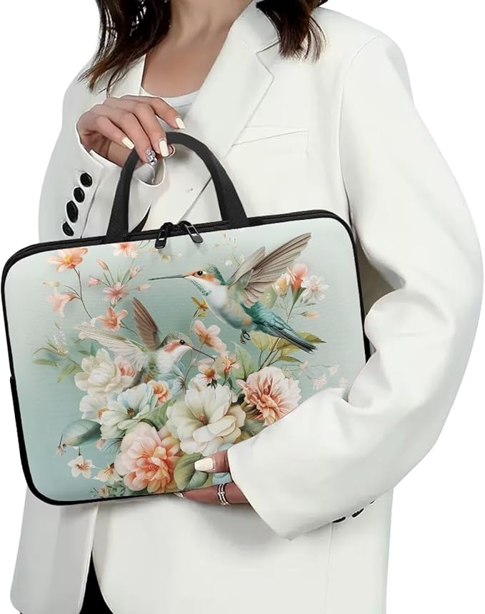 Hummingbird 13 Inch Laptop Sleeve for Women Protective Case Cover Compatible with 10-17 inch Chromebook, Notebook, Briefcase, Spring Floral Waterproof Computer Cases Bag with Handle