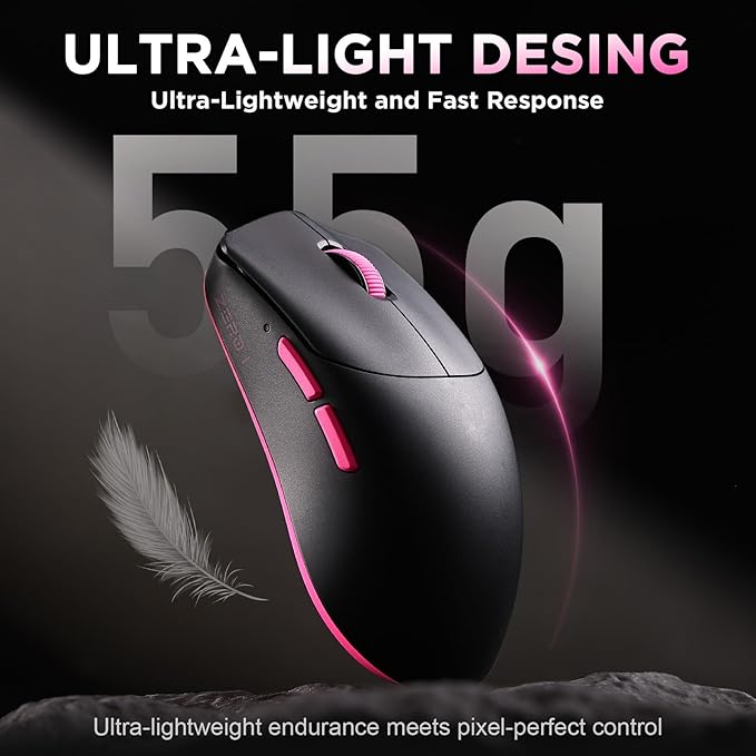 Zero 1 Pro Gaming Mouse,55g Ultralight Wireless Mouse, PAW3311 12K DPI, Tri-Mode 2.4G/Bluetooth/USB-C,Programmable Ergonomic Design,for Laptop/PC/Mac(Black & Pink)