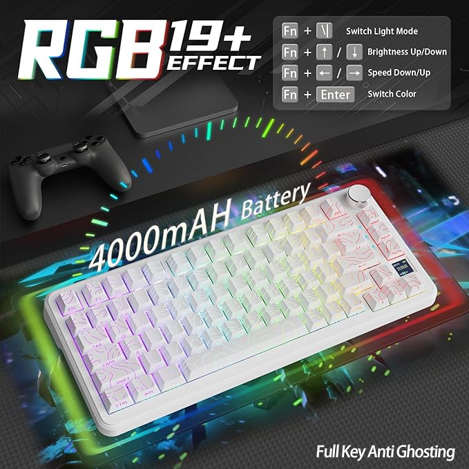 ATTACK SHARK X85Pro Wireless Mechanical Gaming Keyboard with TFT Screen & Knob Hot-Swappable BT5.1/2.4Ghz/USB-C RGB Backlit Gasket Mount Gradient Side-Print PBT Keycaps for Win/PC/MAC-White Contour