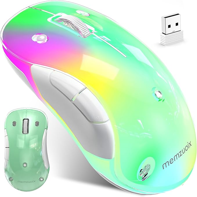 memzuoix 2.4G LED Wireless Mouse, Rechargeable Ergonomic Mouse with Detachable Cover, 1400 DPI Portable Optical Computer Mouse with USB Receiver for Laptop, PC, Desktop and MacBook, 5 Buttons-Green