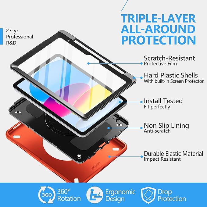 Case for iPad (A16) 11th/10th Generation Case: Protective Cover for iPad 11th Gen 11 Inch 2025 &10th Gen 10.9" 2022 with Screen Protector- Stand- Shoulder Strap- Handle- Pencil Holder-Orange