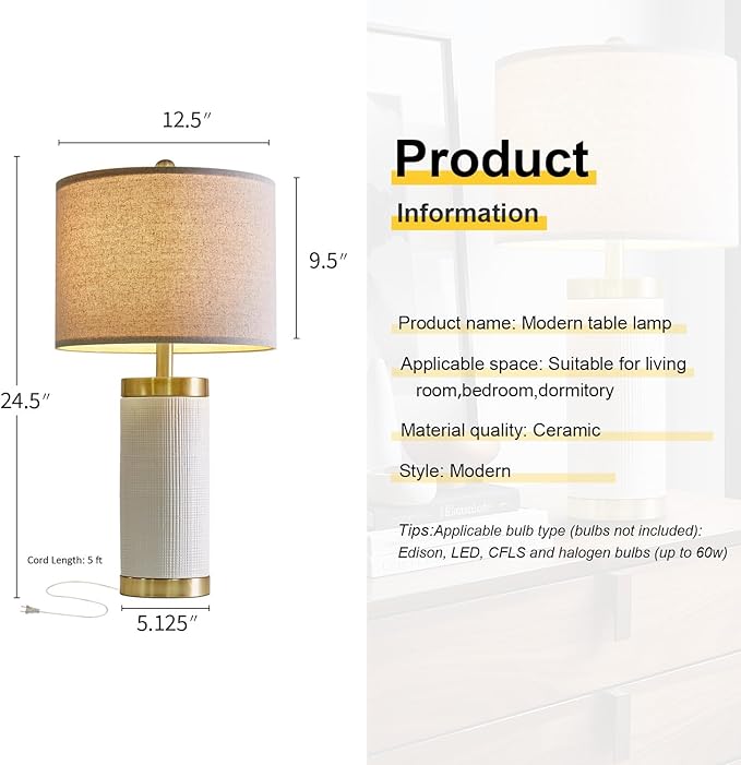 USumkky 24.5" Modern Ceramic White Bedside Lamp for Bedroom Decor Farmhouse Table Lamp for Living Room Office Dorm