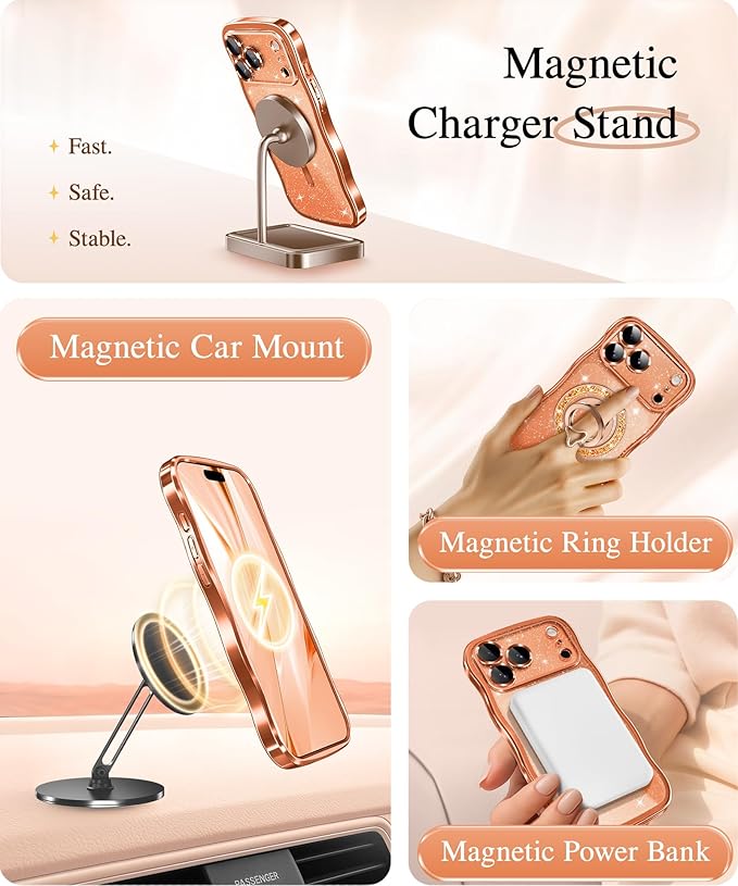 GVIEWIN for iPhone 17 Pro Max Case Compatible with MagSafe, Upgraded [Full Camera Protection][Cute Wave Frame][Military Grade Protection] Electroplated Hard Phone Cover for Women Girl, Black