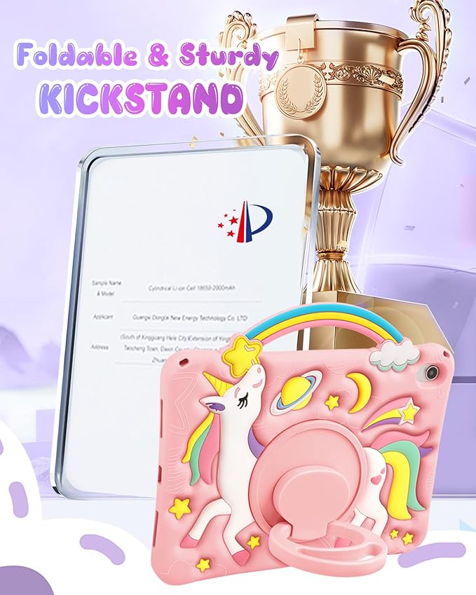 Boaretiu for iPad A16 Case/10th Generation Case - Girls Teens Cute Cartoon Rainbow Unicorn 10.9 Inch 2022 Tablet Cover with Strap & Rotating Stand Soft 3D Silicone Funda for iPad 11th 11 Inch 2025