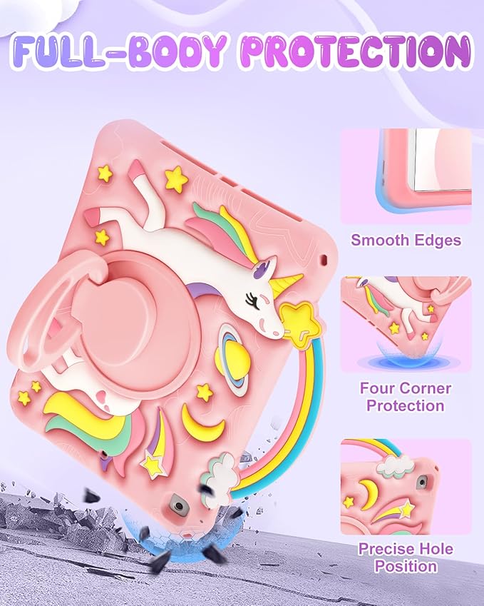 Boaretiu for iPad 6th/5th Generation Case 9.7 Inch - Cute Cartoon Unicorn Soft 3D Silicone for iPad Air 1st/2nd Case with Strap & Rotating Stand for Girls Teens Tablet Cover for i Pad Pro 9.7 Inch