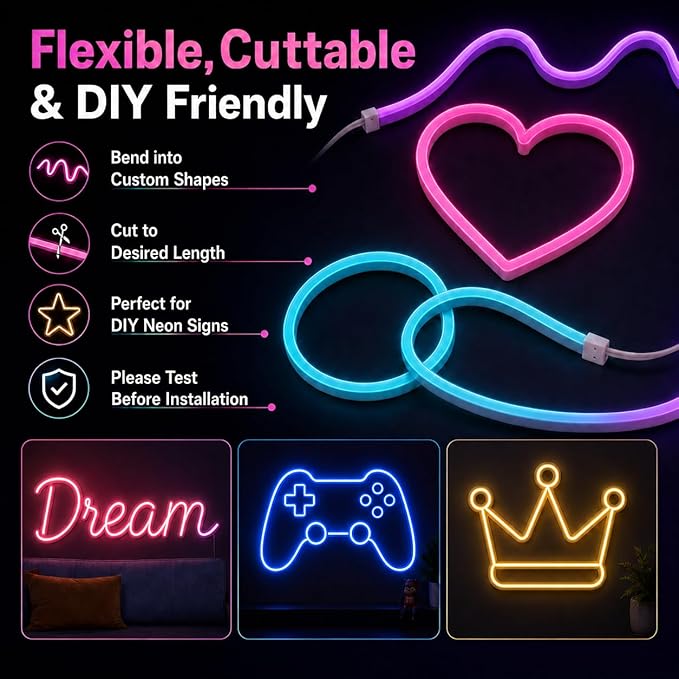 Neon Rope Lights - 66Ft Flexible LED Rope Lights,24V RGB Rope Lights Control with App/Remote Multiple Modes,DIY Design, IP65 Waterproof Strip Lights for Bedroom Room Outdoors Decor(33FT*2)