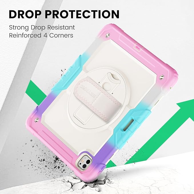 SEYMAC Case for iPad Pro 13 Inch M5 2025 / M4 2024, Heavy Duty Shockproof Protective Case with Screen Protector, 360° Rotating Stand, Hand/Shoulder Strap and Pen Holder, Colorful/Pink