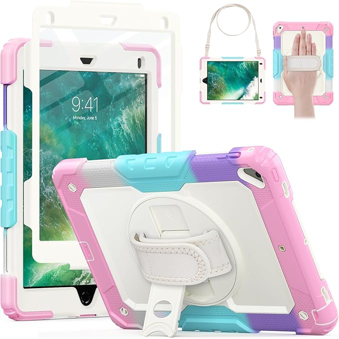 HXCASEAC Rugged Case for iPad Pro 9.7, iPad Air 2, 9.7 inch, Full Body Protective Design with Pencil Holder, Built-in Screen Protector, Rotating Stand, Hand Strap, for iPad Air 2 Hard Case (Pink)