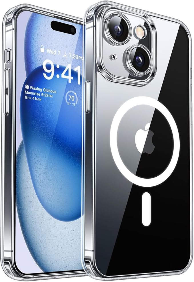 CANSHN Magnetic for iPhone 15 Plus Case Clear, Upgraded [Full Camera Protection] [Compatible with Magsafe] Non-Yellowing Protective Shockproof Bumper Phone Case 6.7 inch - Clear