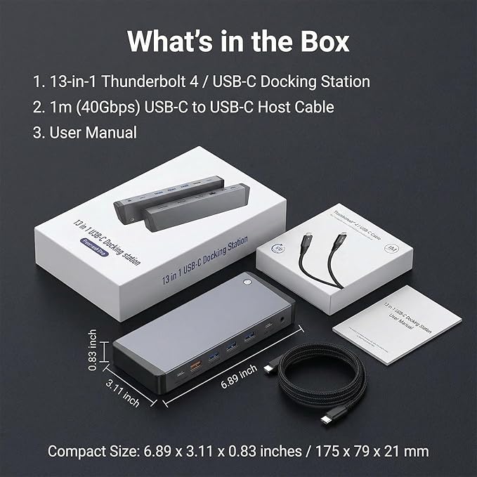 13-in-1 Laptop Docking Station 3 Monitors for Mac and Windows, USB C Hub with Triple 4K@60Hz (2DP+1HDMI), 100W PD Charging, One-Click Screen Off Switch, 10Gbps Data, Gigabit LAN, for Office and Gaming