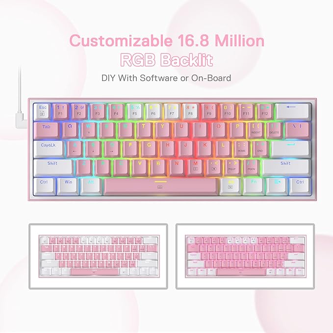 Redragon K617 Fizz 60% Wired RGB Gaming Keyboard, 61 Keys Hot-Swap Compact Mechanical Keyboard w/White and Pink Color Keycaps, Linear Red Switch, Pro Driver/Software Supported