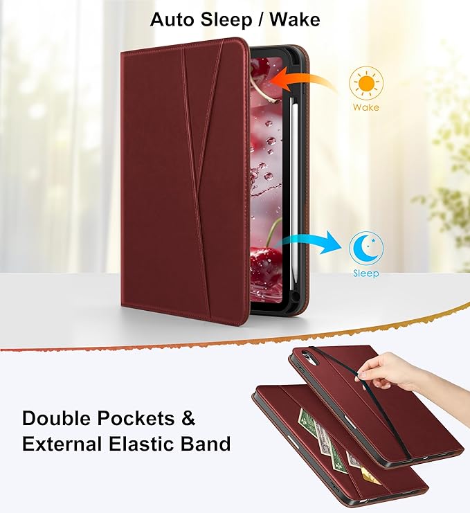 DTTO for iPad Air 11 inch Case M4 / M3 / M2 (2026/2025/2024), iPad Air 5th / 4th Gen (2022/2020), 360 Degree Rotating Premium Leather Folio Stand Cover with Pencil Holder, New Burgundy Red