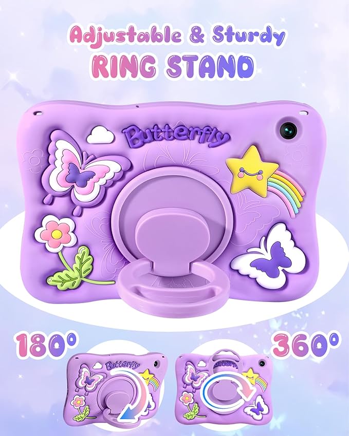 Kidcube for Samsung Galaxy Tab A9 Plus Case 11 Inch - for Girls Cute Kawaii Girly 3D Purple Butterfly Design Cover with Rotating Stand & Strap Unique Silicone Women for Samsung A9 Plus Tablet Cases