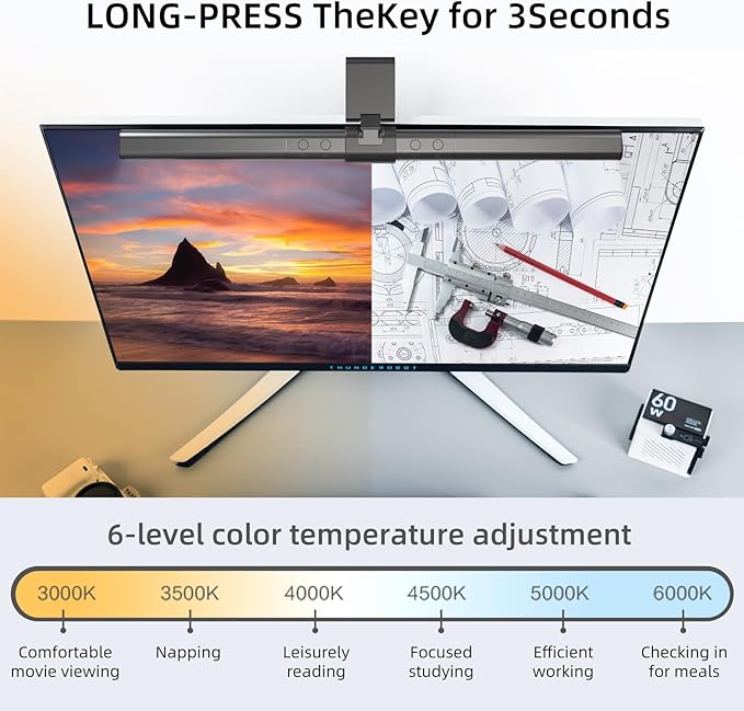 Thunderobot L1 Computer Monitor Lamp, Ra95 Light for Eye Caring, Asymmetric Light Source, Ten-Level Dimming No Video Flicker Blue Light Safe E-Sports Desktop Reading Lamp