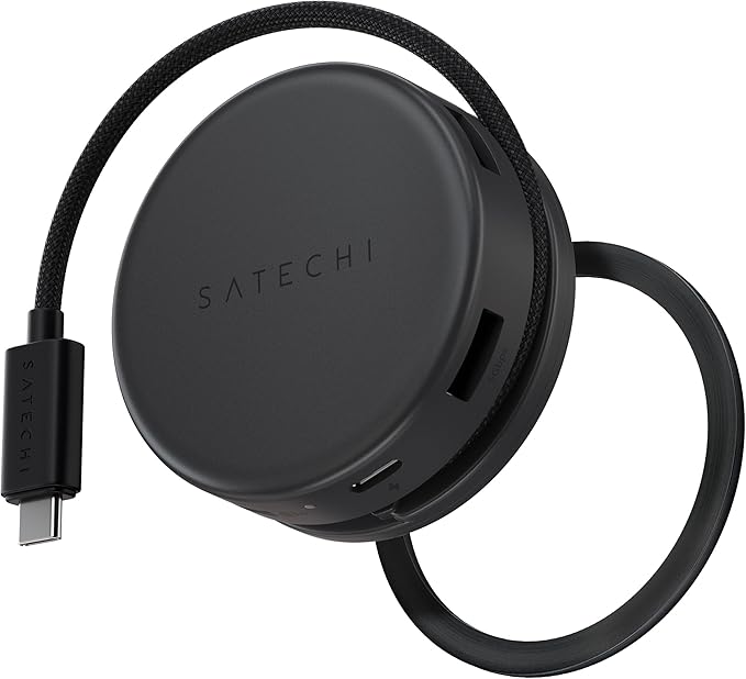 Satechi OntheGo™ 7-in-1 USB-C Hub, Compact Magnetic Multiport Adapter, 100W PD, HDMI 4K/60Hz, Gigabit Ethernet, 2×USB-A 5Gbps, SD/microSD Reader, Coiled Cable, for Mac & Windows – Space Black