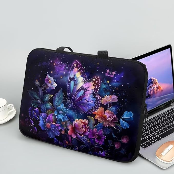 Purple Butterfly Floral 12 Inch Laptop Sleeve, Protector Laptop Case Tote Bag, Women Computer Cover with Zipper Work Travel Handbag Tablet Carrying Shoulder Bag for School Business