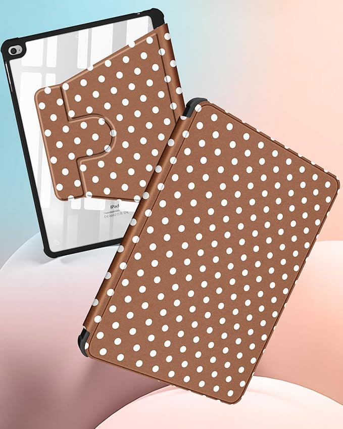 Uppuppy for iPad 5th/6th Generation Case for iPad Air 1st/Air 2nd/Pro 9.7 inch 2016 Case - 360 Degree Rotating Stand Folio Smart Cover with Pencil Holder for Women Girls, Brown Polka for Apple Tablet