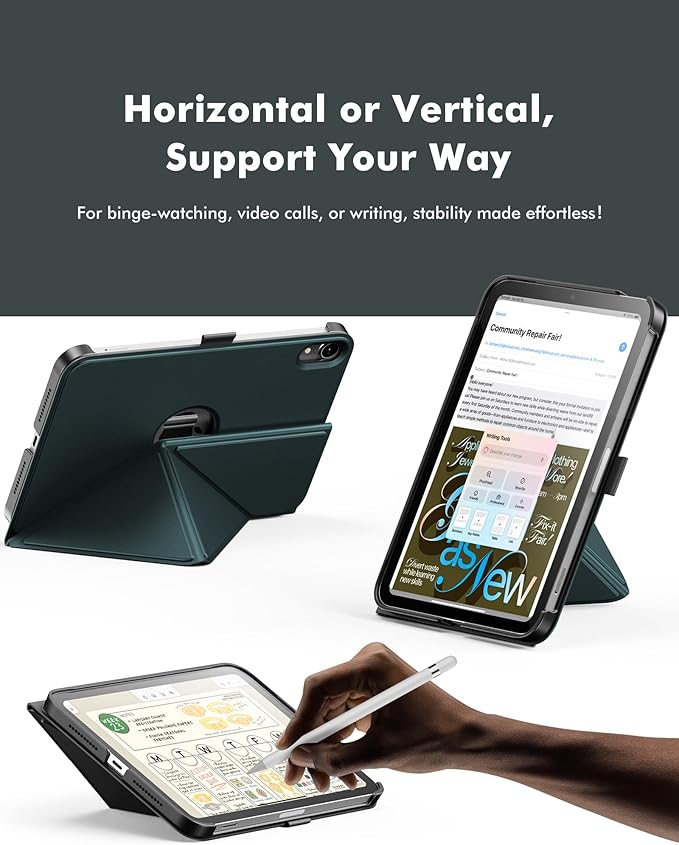 INFILAND Case for iPad Mini 7 (A17 Pro) 2024 / iPad Mini 6 2021, Magnetic Origami Slim Protective Case, Book-Style Foldable Cover with Pencil Holder, Multi-Angle Stand, Auto Wake/Sleep, Midnight Green