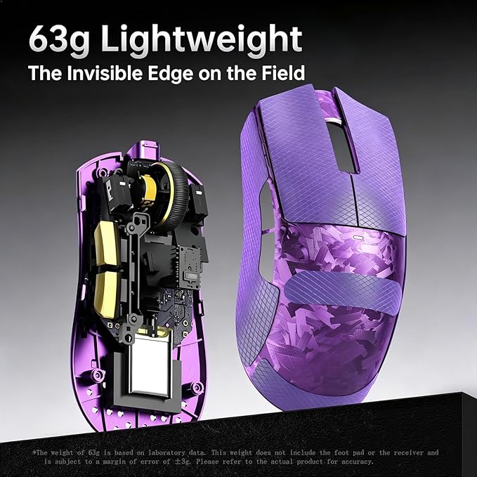 ATTACK SHARK X11Ultra 8K Carbon Fiber Wireless Gaming Mouse with 42000 DPI-PAW3950 MAX Sensor-63g Lightweight,Nordic 54L15 MCU Chip,Wired/BT/2.4Ghz,100 Million Clicks,Programmable for FPS(Purple+Tape)