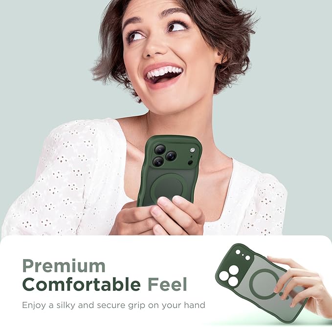 CAPRARO Magnetic for iPhone 17 Pro Max Case for Women Girls, Upgraded [Full Camera Protection] [Compatible with MagSafe] Cute Wave Translucent Matte Phone Case for iPhone 17 Pro Max, Deep Green