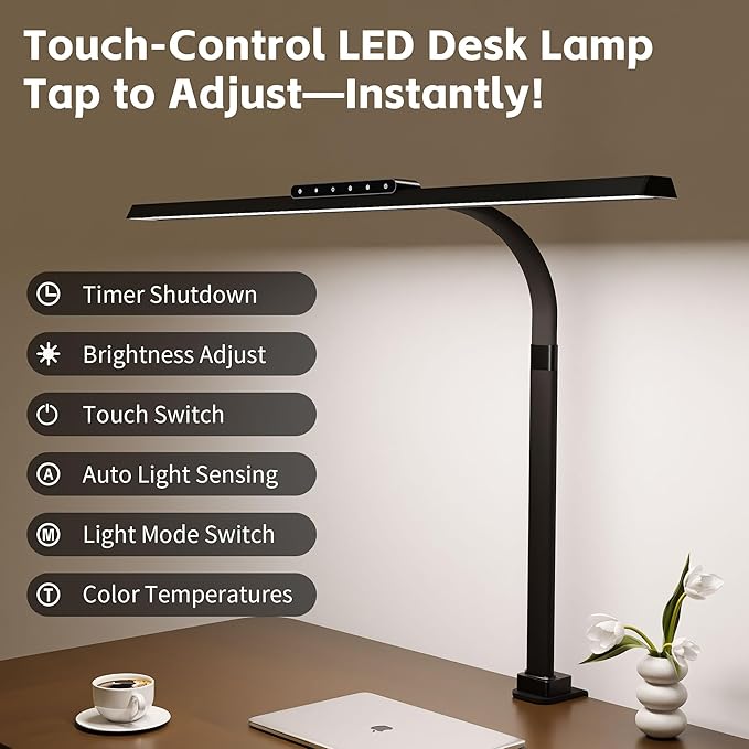Architect Desk Lamp with Clamp, Eye-Caring Clip on Desk Lights for Home Office, Touch Control Dimmable LED Computer Light with Color Changing, 24W Bright Desktop Lamp for Drawing Crafts, Black