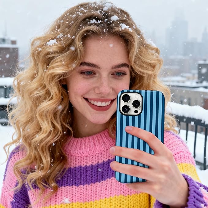 Magnetic for iPhone 15 Plus Case Cute Stripes Phone Case, Shockproof Slim TPU and Hard PC Protective Phone Cover Compatible with MagSafe Designed for Women Girls, Lake Blue