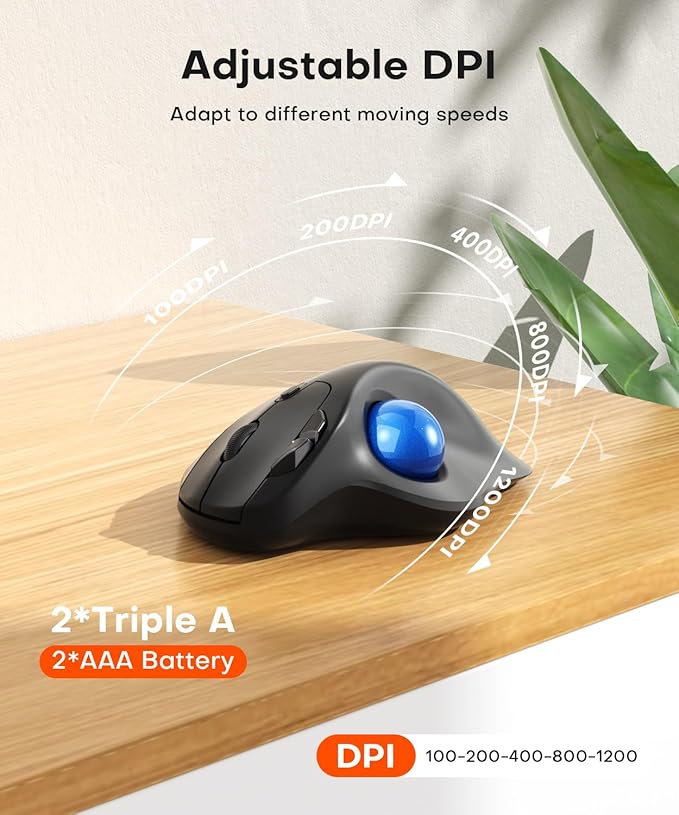 Ergonomic Wireless Trackball Mouse, 3 Device Connection (Bluetooth or 2.4G USB Receiver) Bluetooth Quiet Computer Mouse, 2*AAA Battery Thumb Laptop Mice with 5 Level DPI for PC/Laptop/Mac/Windows Blue