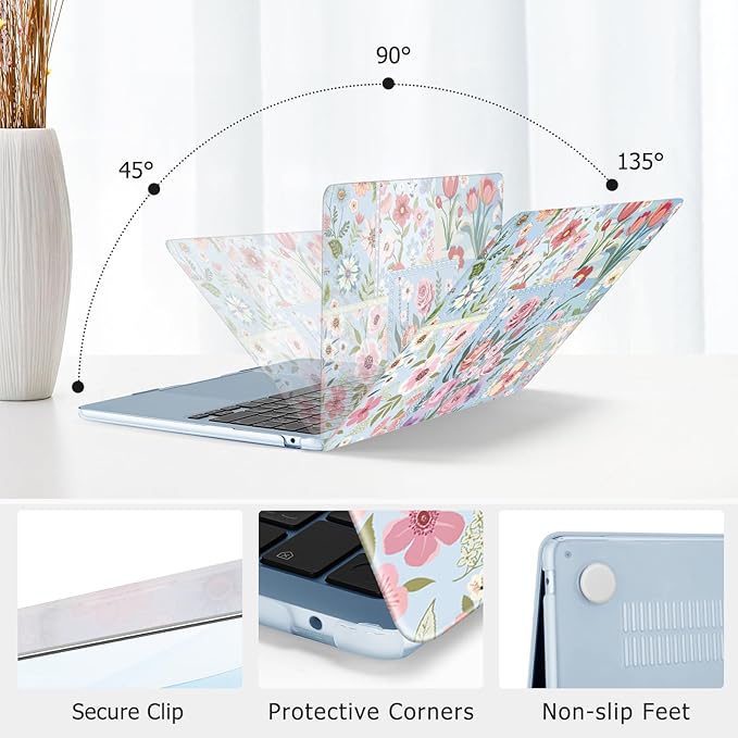 MOSISO Compatible with MacBook Air 13 inch Case M5 2026 M4 2025 M3 M2 2024-2022 A3449 A3240 A3113 A2681, Spliced Flowers Hard Shell&Keyboard Cover&Screen Film for MacBook Air 13.6 inch Case, Blue