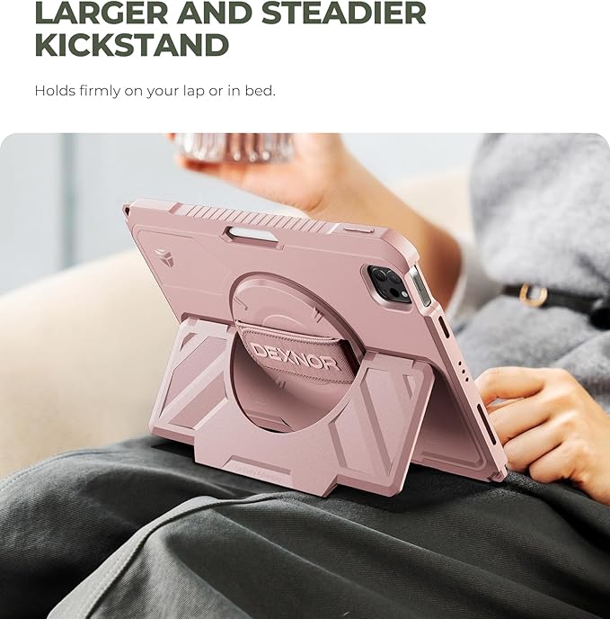 Dexnor Case for iPad Pro 11 inch 4th/3rd/2nd/1st Gen (2022/2021/2020/2018),Rugged Protective Case with 360° Rotating Hand Strap & Stand & Screen Protector & Pencil Holder Shockproof Bumper Cover,Pink