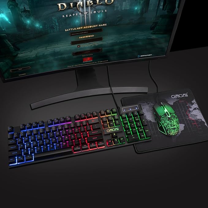 CHONCHOW Gaming Keyboard and Mouse Led Backlit USB Wired with Light Up 104Key 3600DPI 2 Side Button Mouse Keyboard Mechanical Feeling Compatible with PC Mac OS Xbox Ps4 Ps5 with Mousepad