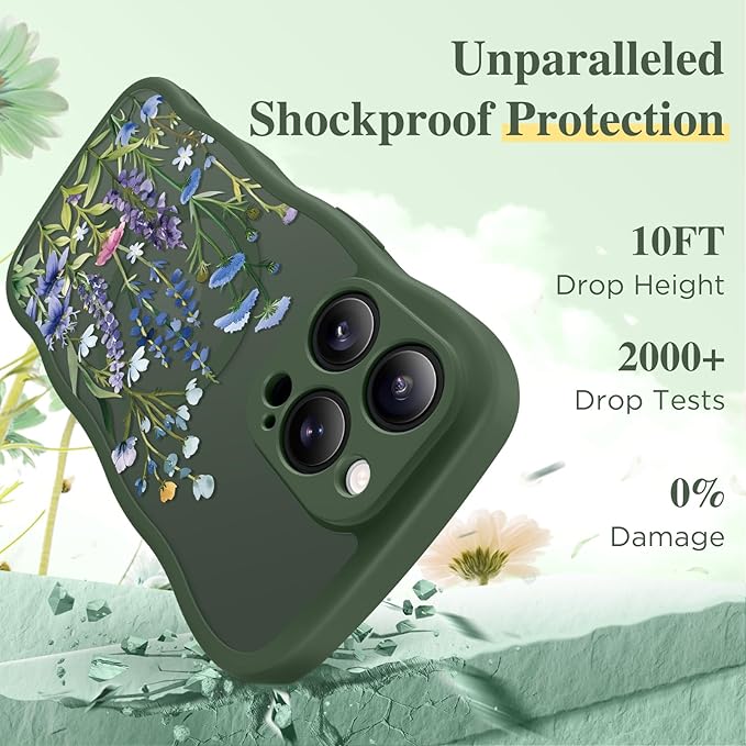 GVIEWIN for iPhone 16 Pro Max Case Compatible with MagSafe [Curly Wave Edge][Full Camera Protection] Floral Translucent Shockproof Magnetic Women Phone Case for 16 Pro Max, Sweet Posy/Forest Green