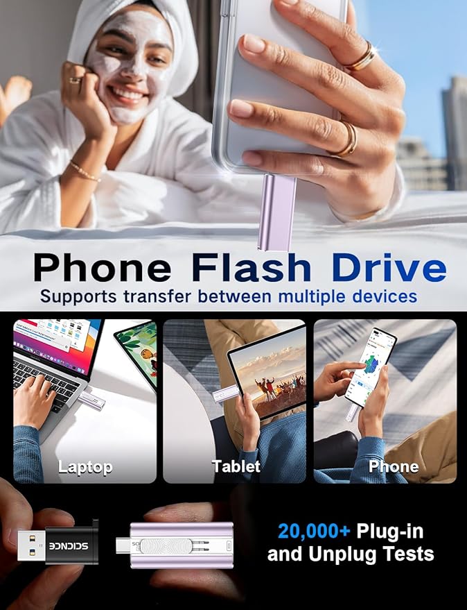 256GB Flash Drive Intended for Phone, USB External Memory Stick Storage Backup for Photos Videos, Plug and Play No APP Required, Compatible with iPhone iPad Android and PCs (1 Pack-Purple)